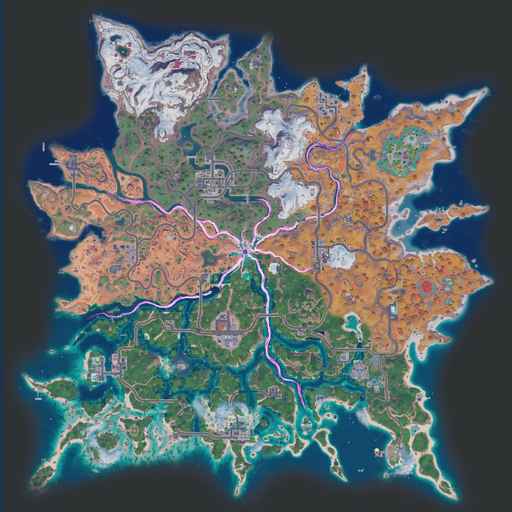 Fortnite island map. Drag the bus start and bus end markers to plan a drop route. Scroll or use the zoom controls to zoom in.